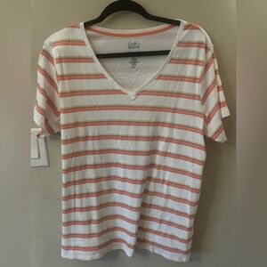 croft & barrow White V‑Neck Tee with Coral and white Stripes